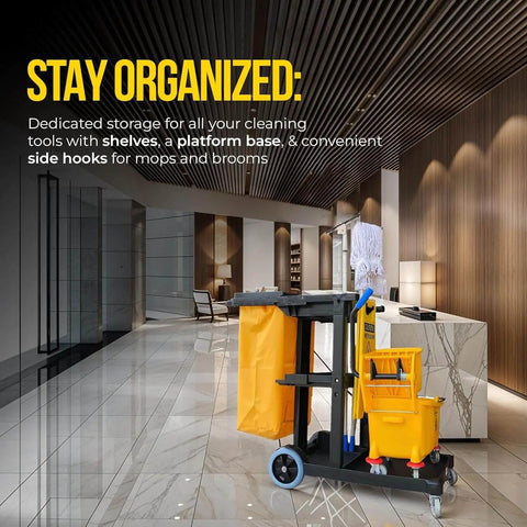 Beefed-Up Heavy Duty Commercial Cleaning Cart With 3 Shelves And Lid, Waste Bag Included, Side Mop And Broom Holders, Platform Base, 25 Gallon Waste Bag Capacity, 330 Lb Load, Yellow And Grey Janitorial Utility Cart For Office And School in an office setting