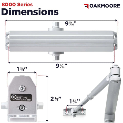 Commercial Heavy Duty Door Closer ADA UL Grade 1 Listed Self Closing For High Traffic Doors with dimensions and specifications
