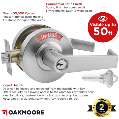 Keyed Entry Commercial Door Handle With Indicator And Locking Occupied Door Lever for Restaurants Stores Warehouses, shown with key and IN-USE display.