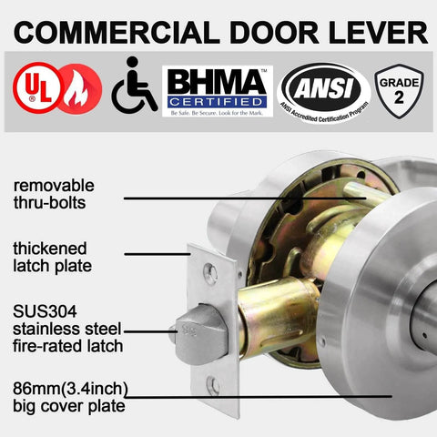 Keyed Entry Grade 2 Commercial Door Lever Lock Non-Handed Satin Chrome 26D Backset UL Fire Rated with detailed specs view