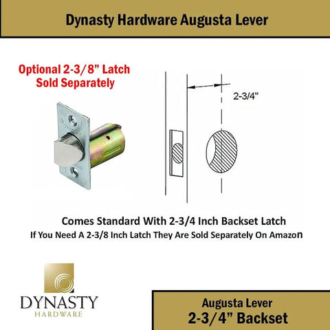 Diagram showing Dynasty Hardware Augusta Lever with optional 2-3/8 inch latch and 2-3/4 inch backset latch standard