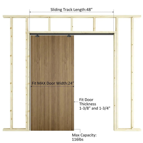 Commercial Grade Aluminum Pocket Door Track Kit For Ceiling Mount Box Rail Sliding Hardware, 48 Inch Length, installed view