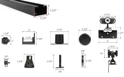 Commercial Grade Aluminum Pocket Door Track Kit For Ceiling Mount Box Rail Sliding Hardware, detailed components and measurements