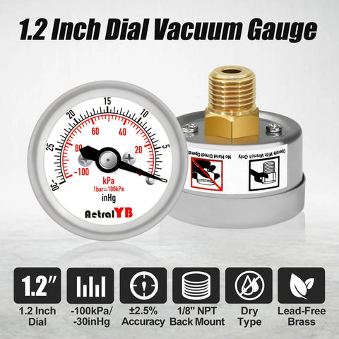 AetralYB 1.2 in vacuum pressure gauge with stainless steel housing, brass internals, back mount 1/8 in NPT