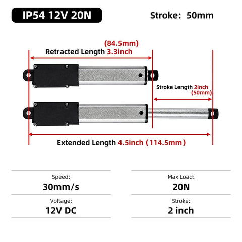 Diagram showing Compact 50mm 20N Mini Electric Linear Actuator dimensions with 2-inch stroke and 12V motor for cabinets and automation.