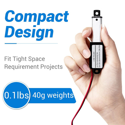 12V Micro Linear Actuator With 2 Inch Stroke And 64N Load, 0.6 Inch Per Second Speed, Tiny Waterproof Motion Actuator, IP54 Rated, Includes Mounting Brackets, Low Noise Under 55 Db, Perfect For Fans, Cabinets, Window Openers, Robotics, And Tables held in hand, showcasing compact design and lightweight.
