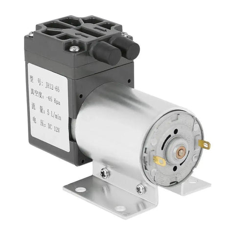 Compact DC 12V mini vacuum pump delivers 5 liters per minute at 120 kPa, includes holder, ideal for gas analysis sampling and lab use