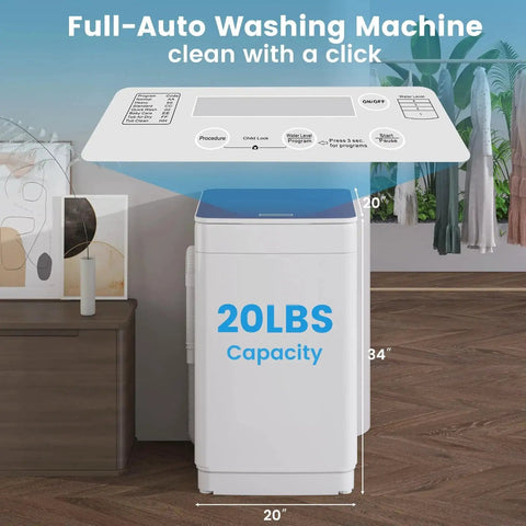 Compact 20 lb full-automatic portable washing machine with 7 wash cycles and an LED display shown in a modern apartment setting.