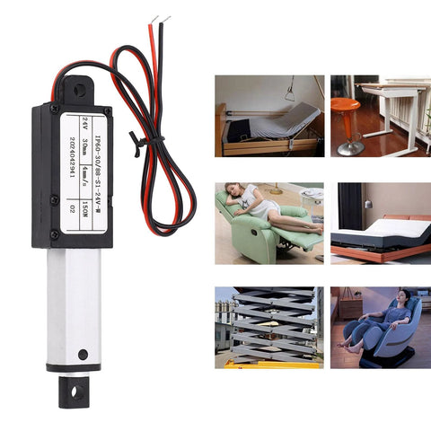 Mini 24V electric linear actuator with black housing and silver rod, 30mm stroke, for industrial machinery (Amazon BISS)