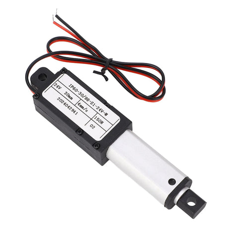 Mini 24V electric linear actuator with 30mm stroke, black housing, silver rod, red and black wires