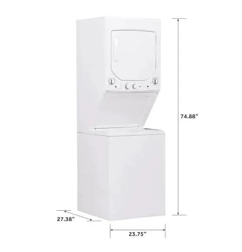 Compact 27 inch unitized washer and electric dryer in one space-saving cabinet combines a 3.8 cu ft top-load washer and 5.9 cu ft dryer.