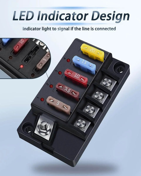 Front view of 12V Four Circuit Fuse Block Kit With Waterproof Marine Fuse Panel Relay Box LED Indicator Damp Proof Cover ATO Blade Fuse Block For 12V 24V Automotive Car RV Boat showing LED indicators and fuse slots.