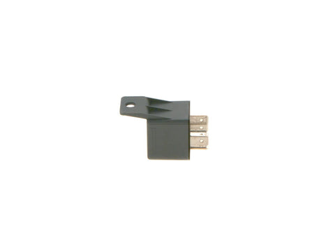Side view of Normal Open Mini Relay 5 Pin 12V DC 30A Compact High Current Automotive Relay for wiring harnesses, grey, with integral bracket.