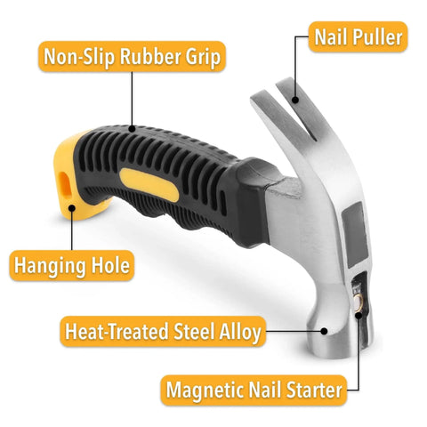 Compact 8oz magnetic claw nail hammer with an ergonomic non-slip handle and rust-resistant, high-density carbon steel build.