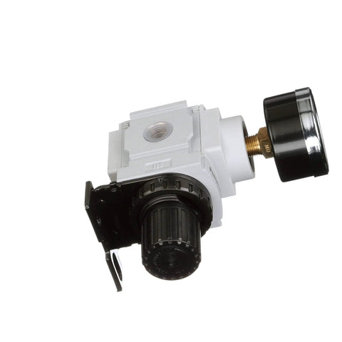 Compact Miniature Air Pressure Regulator With Gauge And Bracket One Quarter Inch NPT For Regulating 3 To 30 PSI Inlet 250 PSI 49 SCFM Flow