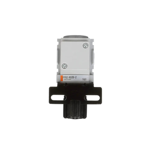 Front view of compact miniature air pressure regulator with gauge and bracket, one quarter inch NPT, PneumaticPlus PPR2 N02BG 2.