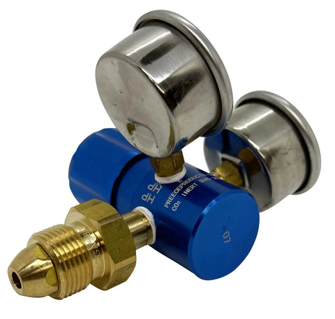 High Performance Compact Aluminum Nitrogen Regulator 0 To 400 PSI With One Quarter Inch FNPT Outlet, dual chrome gauges, side view