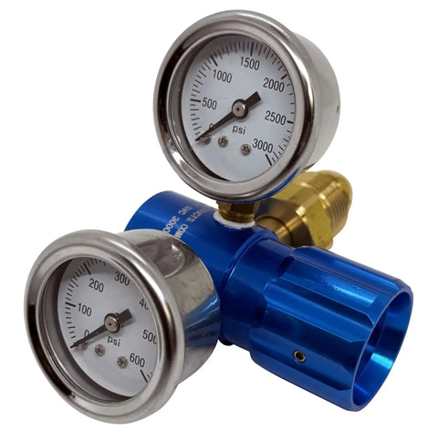High Performance Compact Aluminum Nitrogen Regulator 0 To 400 PSI With One Quarter Inch FNPT Outlet, Pro Grade Lightweight Billet Machined Aluminum With Blue Anodized Finish, CGA580 Brass Cylinder Connector, Dual Chrome Gauges And 45 CFM.