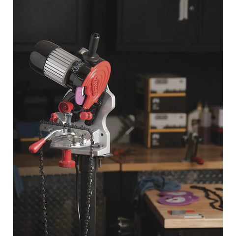Professional Compact 120-Volt Bench Grinder And Universal Saw Chain Sharpener in workshop, bench-mounted setup