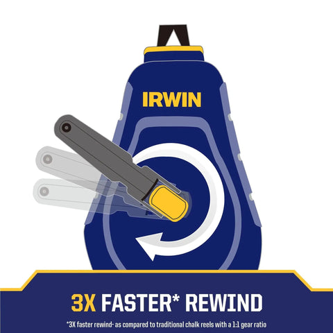 Compact chalk reel with 3:1 gear ratio and blue case, demonstrating fast rewind for clean, crisp markings on construction materials.