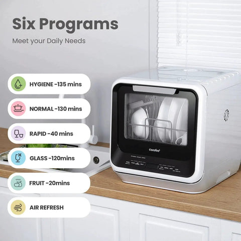 Compact countertop dishwasher with a built-in 5L water tank for apartments and RVs, no faucet hookup needed, featuring 6 wash programs.
