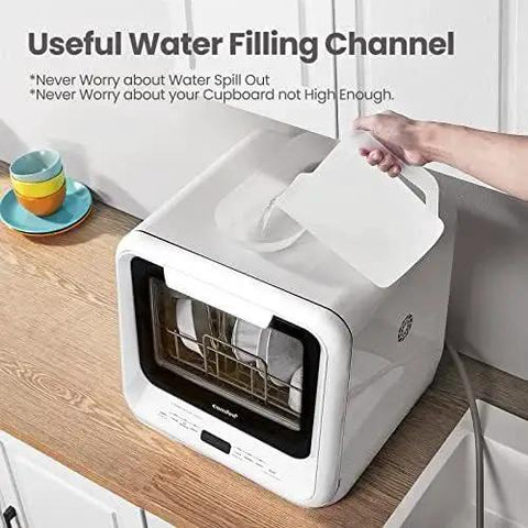 Top view of a compact countertop dishwasher with a built-in 5L water tank for apartments and RVs, no faucet hookup needed.