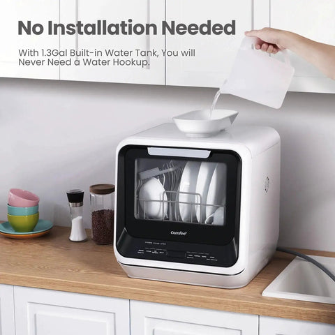 Compact countertop dishwasher with a built-in 5L water tank for apartments and RVs, no faucet hookup needed on kitchen counter