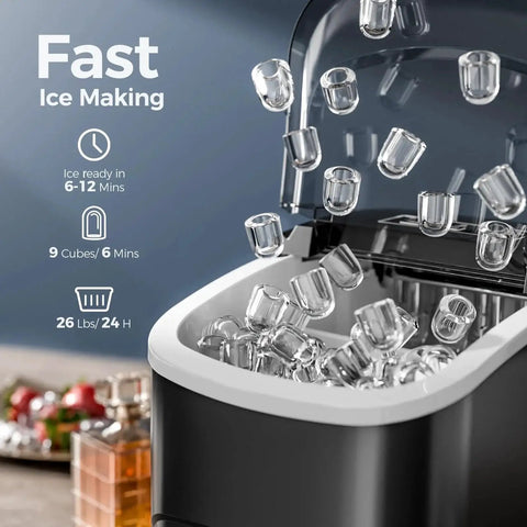 Effortlessly chill drinks with a compact countertop ice maker that delivers up to 26 lb of bullet ice daily, shown producing ice cubes.