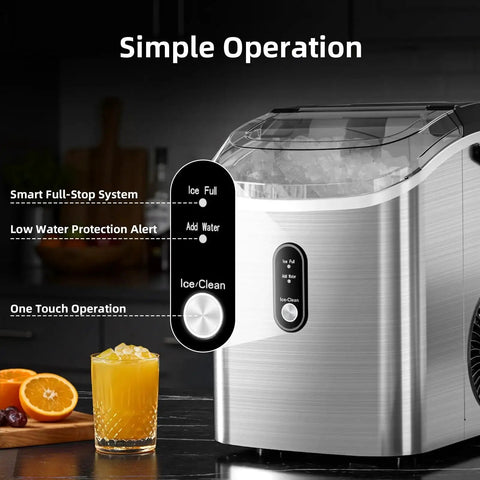 Compact countertop nugget ice maker delivers soft, chewable ice in a 10-minute batch with smart features, shown with orange juice.