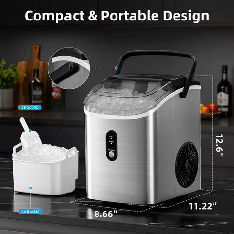 Compact countertop nugget ice maker delivers soft, chewable ice in a 10-minute batch, producing up to 34 lb per day, shown with basket and scoop.