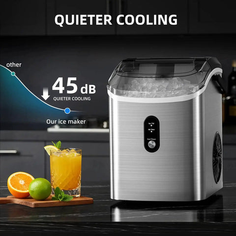 Compact countertop nugget ice maker delivers soft, chewable ice in a 10-minute batch, producing up to 34 lb per day.