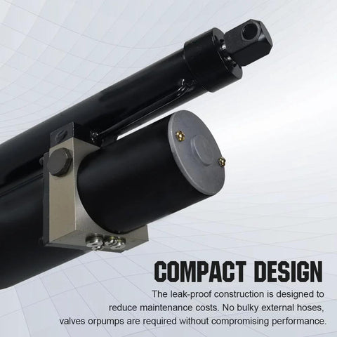 DC HOUSE heavy-duty hydraulic linear actuator with 12 in stroke, black cylinder and silver mounting bracket

