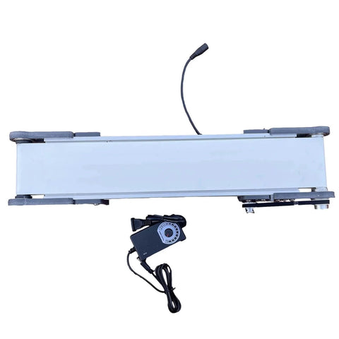 Top view of Mini Production Line Conveyor System 10x50cm DIY Electric Elevator Model with unidirectional speed control unit.