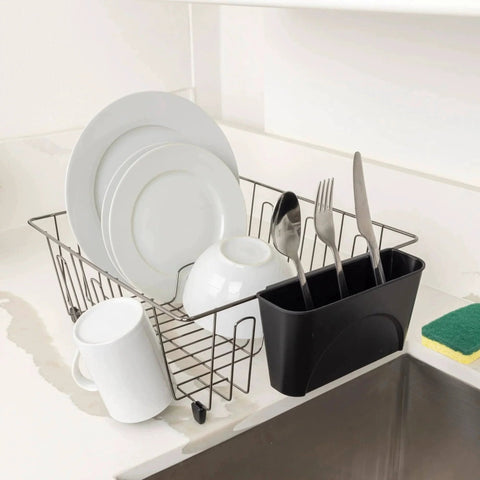 Small Dish Drainer Rack - Chrome/Black - 14 x 12.5 x 5.5 inches with drying dishes on countertop next to sink