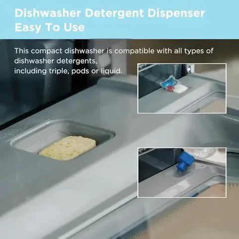 Close-up of detergent dispenser on compact countertop dishwasher with a built-in 5L water tank for apartments and RVs