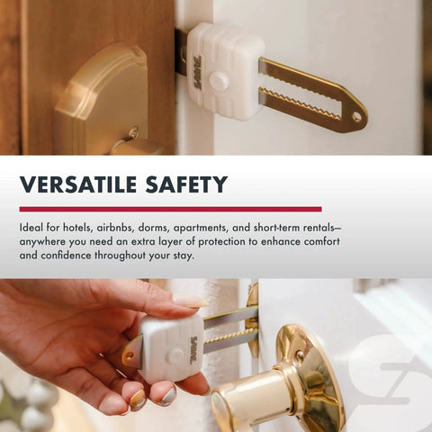 Compact Travel Door Lock Portable Security Lock for Hotels and Rentals, shown installed on a door providing 650 lbs force resistance.