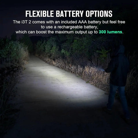 Person using ultra compact EDC flashlight on path, showcasing 200 lumens with 62 meter beam, ideal for camping and hiking.