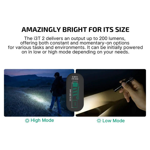 Ultra compact EDC flashlight delivers up to 200 lumens with a clear 62 meter beam shown in use at night in high and low mode.