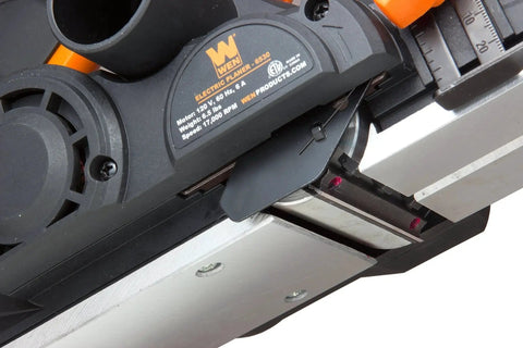 Close-up of efficient 3-1/4 inch hand planer with 6 Amp motor showing blade and construction detail