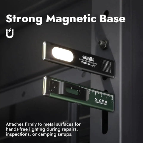 Compact multi mode pocket flashlight delivers 675 lumens, USB C recharge, IPX4, showing strong magnetic base on metal surface.