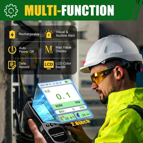 Field professional using Compact H2S Gas Detector Clip On For Field Pros With 0 To 100 PPM Range Three Alarm Modes and built-in display.