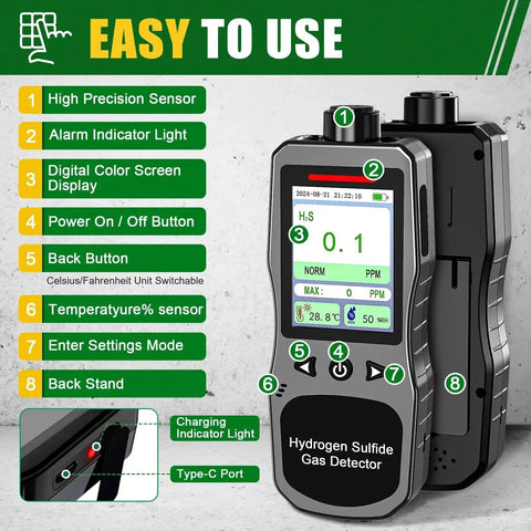 Front view of Compact H2S Gas Detector Clip On for Field Pros with digital display and function buttons.