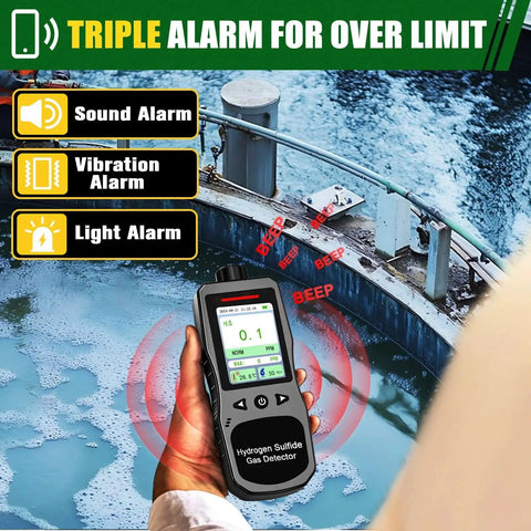 Compact H2S Gas Detector Clip On For Field Pros With 0 To 100 PPM Range, shown in hand beside a water treatment facility.