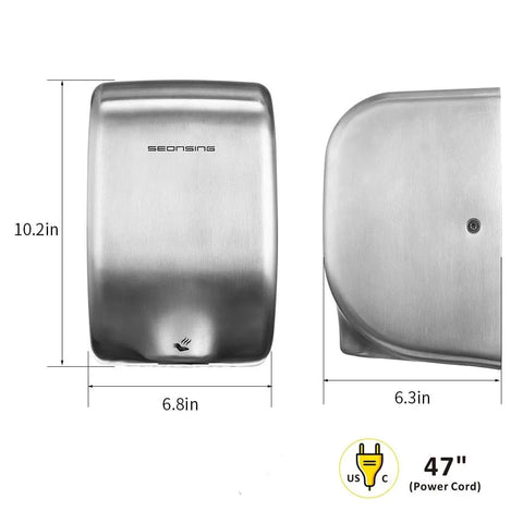 Seonsing Automatic Commercial Hand Dryer Heavy Duty Compact High Speed 224 Mph Restroom With Hygiene Filter Low Noise, dimensions shown