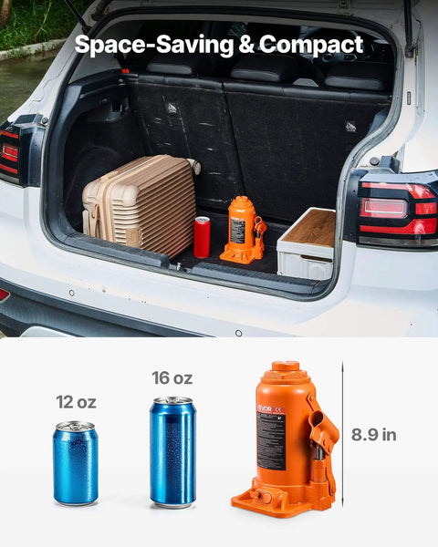 Heavy Duty 20 Ton Hydraulic Bottle Jack With 7.5 To 14 Inch Lift Range All Welded Construction in car trunk with luggage