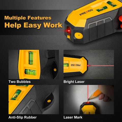Compact 2-in-1 Line Laser Level With Magnetic Stud Finder features bright 30 ft vertical laser, bubble vials for leveling.