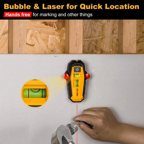 Compact 2-in-1 Line Laser Level With Magnetic Stud Finder mounted on drywall, showing 30 ft vertical laser and bubble vial in use.