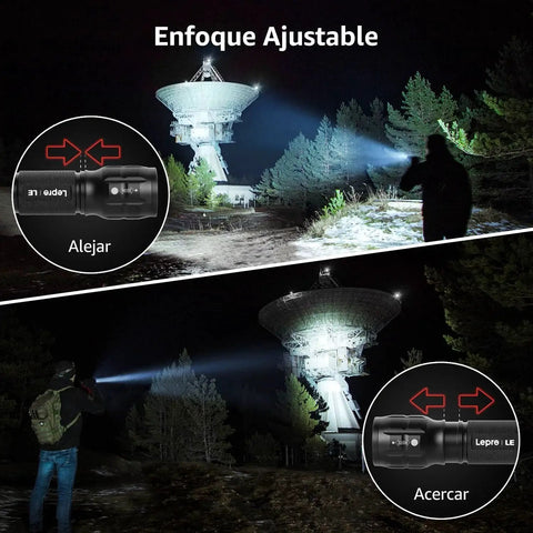 Compact Waterproof LED Flashlight 2 Pack With Zoomable Focus For Outdoor Camping Emergency Travel Palm Size 140 Lumens 492 Feet Beam IPX4 Waterproof AAA Batteries Included Handheld Design For Easy Gripping And Quick Lighting In Any Situation used at night showing adjustable beam on distant object.