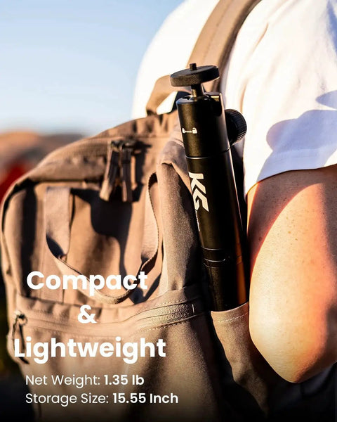 Person carrying a portable projector stand for outdoor and home theater use, adjustable 32-inch tripod in backpack side pocket