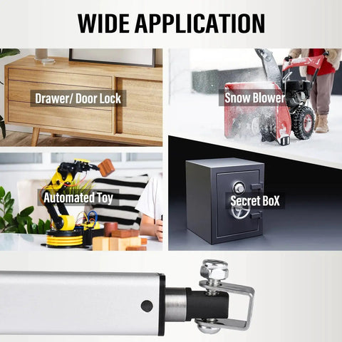 Wide application of Compact 12V Mini Electric Linear Actuator With 4 Inch Stroke IP54, including drawer, snow blower, toy, and lock box.